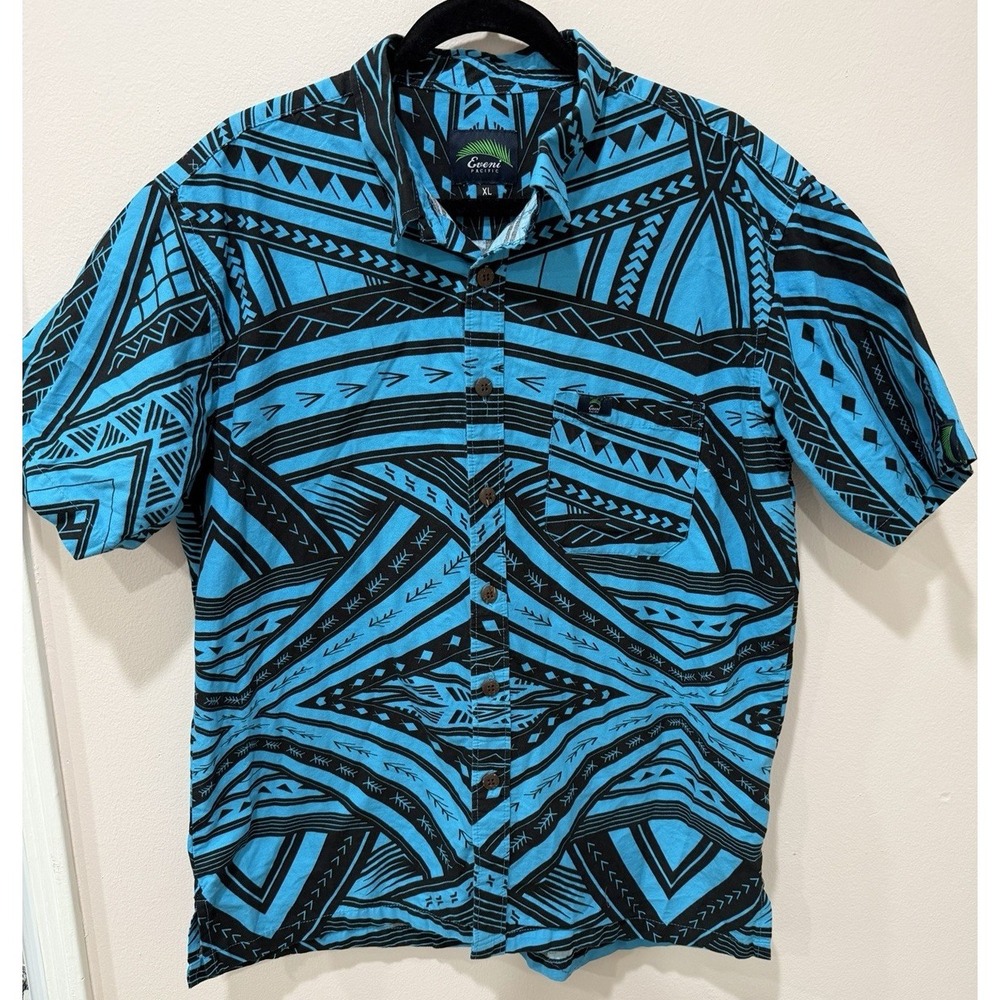 Eveni Pacific Men's Hawaiian Shirt Blue  Tribal Print Button Up‎ XL